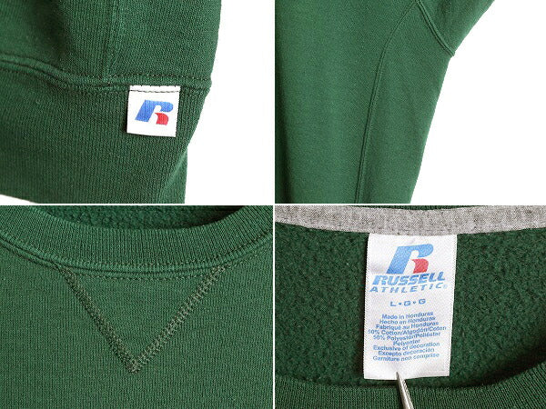 00s ラッセル 無地 スウェット メンズ レディース L 古着 00年代 オールド RUSSELL トレーナー スエット 裏起毛 前V クルーネック グリーン
