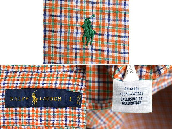■ ラルフローレン チェック 長袖 ボタンダウン シャツ ( メンズ L ) 古着 POLO コットン 長袖シャツ ポロ ワンポイント ポニー刺繍 薄手