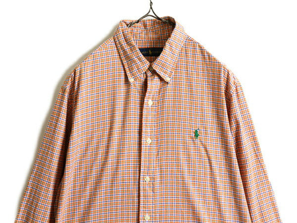 ■ ラルフローレン チェック 長袖 ボタンダウン シャツ ( メンズ L ) 古着 POLO コットン 長袖シャツ ポロ ワンポイント ポニー刺繍 薄手