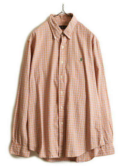 ■ ラルフローレン チェック 長袖 ボタンダウン シャツ ( メンズ L ) 古着 POLO コットン 長袖シャツ ポロ ワンポイント ポニー刺繍 薄手