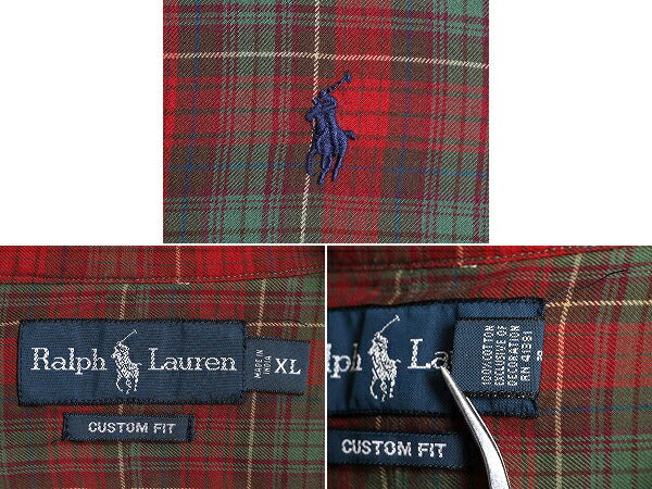 ラルフローレン チェック 長袖 ボタンダウン シャツ メンズ XL 古着 POLO 長袖シャツ ポニー刺繍 コットン カスタムフィット 大きいサイズ