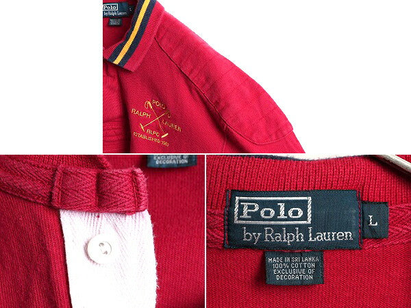 90s ポロ ラルフローレン ヘビーウェイト 長袖 ラガー シャツ メンズ L 古着 90年代 オールド POLO ラグビー 長袖シャツ エルボーパッチ 赤