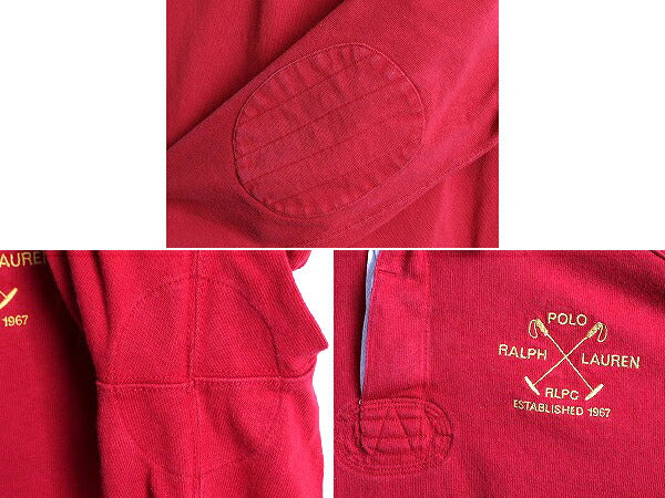 90s ポロ ラルフローレン ヘビーウェイト 長袖 ラガー シャツ メンズ L 古着 90年代 オールド POLO ラグビー 長袖シャツ エルボーパッチ 赤