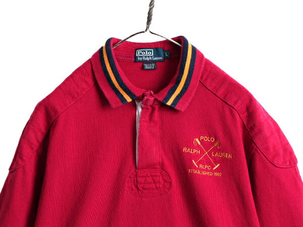 90s ポロ ラルフローレン ヘビーウェイト 長袖 ラガー シャツ メンズ L 古着 90年代 オールド POLO ラグビー 長袖シャツ エルボーパッチ 赤