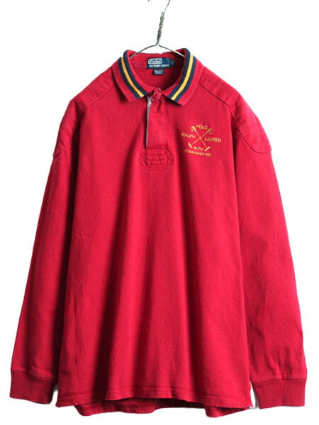 90s ポロ ラルフローレン ヘビーウェイト 長袖 ラガー シャツ メンズ L 古着 90年代 オールド POLO ラグビー 長袖シャツ エルボーパッチ 赤