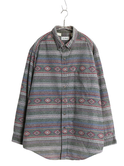 90s USA製 エルエルビーン ネイティブ 総柄 シャモア クロス ボタンダウン 長袖 シャツ メンズ XL ネルシャツ ヘビーウェイト 大きいサイズ