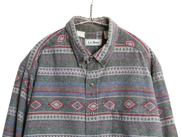 90s USA製 エルエルビーン ネイティブ 総柄 シャモア クロス ボタンダウン 長袖 シャツ メンズ XL ネルシャツ ヘビーウェイト 大きいサイズ