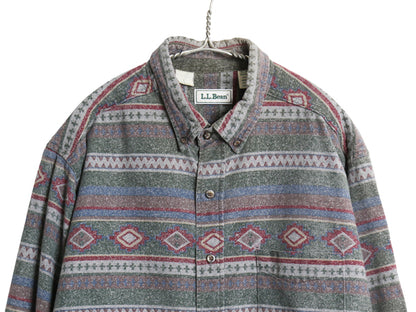 90s USA製 エルエルビーン ネイティブ 総柄 シャモア クロス ボタンダウン 長袖 シャツ メンズ XL ネルシャツ ヘビーウェイト 大きいサイズ