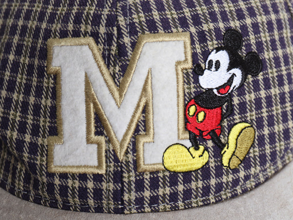 90s ディズニー ミッキーマウス 刺繍 ベースボール キャップ フリーサイズ / オールド 当時物 帽子 キャラクター スウェード 切替 チェック