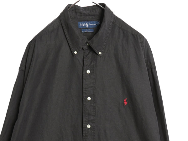 90s ラルフローレン 長袖 ボタンダウン シャツ メンズ XXL / オールド ポロ リネン シルク 長袖シャツ ワンポイント 大きいサイズ 黒 無地