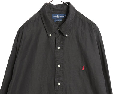 90s ラルフローレン 長袖 ボタンダウン シャツ メンズ XXL / オールド ポロ リネン シルク 長袖シャツ ワンポイント 大きいサイズ 黒 無地