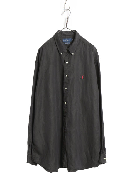 90s ラルフローレン 長袖 ボタンダウン シャツ メンズ XXL / オールド ポロ リネン シルク 長袖シャツ ワンポイント 大きいサイズ 黒 無地