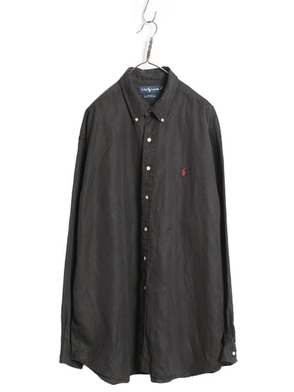90s ラルフローレン 長袖 ボタンダウン シャツ メンズ XXL / オールド ポロ リネン シルク 長袖シャツ ワンポイント 大きいサイズ 黒 無地