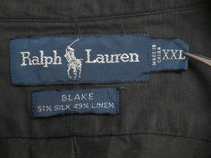90s ラルフローレン 長袖 ボタンダウン シャツ メンズ XXL / オールド ポロ リネン シルク 長袖シャツ ワンポイント 大きいサイズ 黒 無地