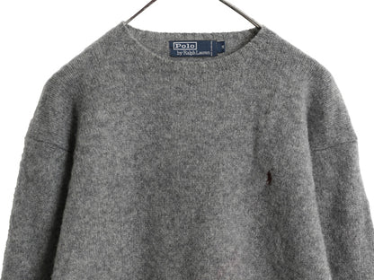 90s ポロ ラルフローレン ニット セーター メンズ M オールド ラム ウール ワンポイント シンプル きれいめ カジュアル 長袖ニット グレー