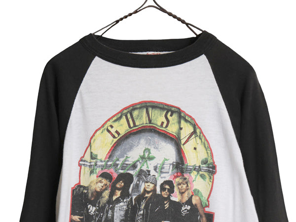80s USA製 ★ ガンズアンドローゼス ツアー イラスト プリント ベースボール Tシャツ メンズ L 小さめ M ヴィンテージ ロック バンド 7分袖