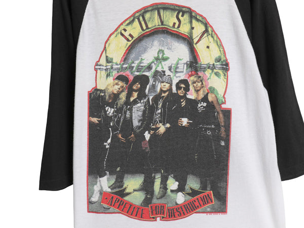 80s USA製 ★ ガンズアンドローゼス ツアー イラスト プリント ベースボール Tシャツ メンズ L 小さめ M ヴィンテージ ロック バンド 7分袖
