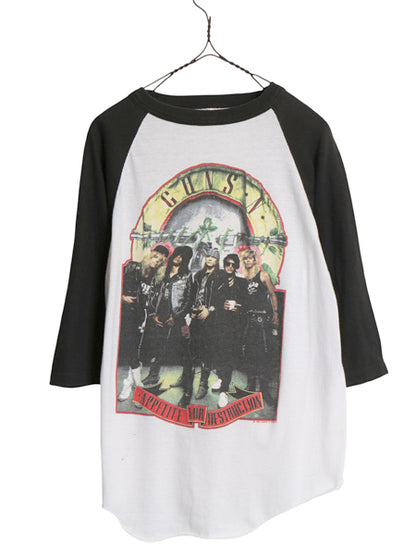 80s USA製 ★ ガンズアンドローゼス ツアー イラスト プリント ベースボール Tシャツ メンズ L 小さめ M ヴィンテージ ロック バンド 7分袖