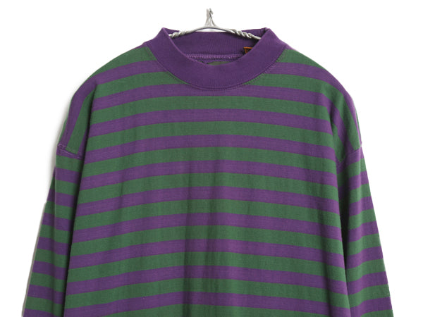 90s モックネック ボーダー 長袖 T シャツ メンズ M / オールド ロンT コットン ヘビーウェイト ロングスリーブ カットソー ツートン 紫 緑