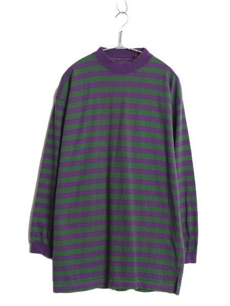 90s モックネック ボーダー 長袖 T シャツ メンズ M / オールド ロンT コットン ヘビーウェイト ロングスリーブ カットソー ツートン 紫 緑
