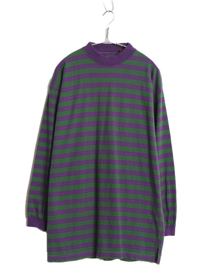 90s モックネック ボーダー 長袖 T シャツ メンズ M / オールド ロンT コットン ヘビーウェイト ロングスリーブ カットソー ツートン 紫 緑
