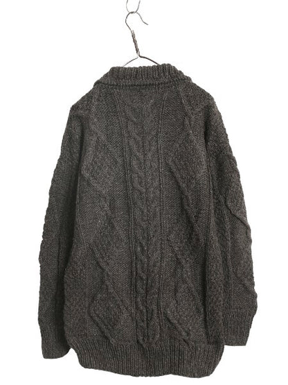 エクアドル製  フルジップ ケーブル ニット セーター ジャケット メンズ レディース L 程/ 手編み ハンドメイド フィッシャーマン アラン