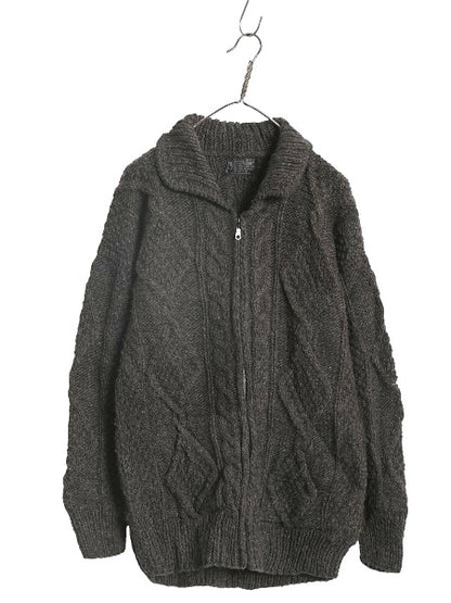 エクアドル製  フルジップ ケーブル ニット セーター ジャケット メンズ レディース L 程/ 手編み ハンドメイド フィッシャーマン アラン