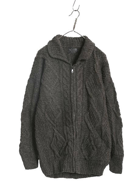 エクアドル製  フルジップ ケーブル ニット セーター ジャケット メンズ レディース L 程/ 手編み ハンドメイド フィッシャーマン アラン