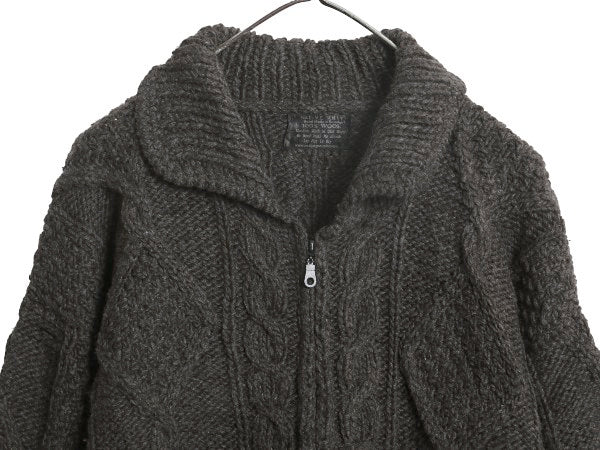 エクアドル製  フルジップ ケーブル ニット セーター ジャケット メンズ レディース L 程/ 手編み ハンドメイド フィッシャーマン アラン
