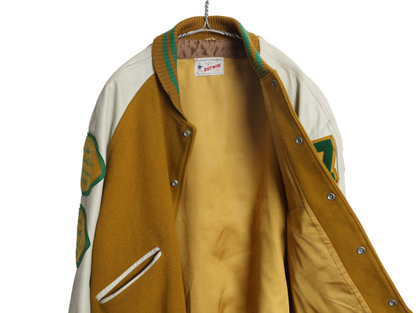70s ★ バトウィン 袖 本革 レザー ウール スタジャン メンズ XL 古着 ヴィンテージ サガラ ワッペン アワード ジャケット 大きいサイズ 黄
