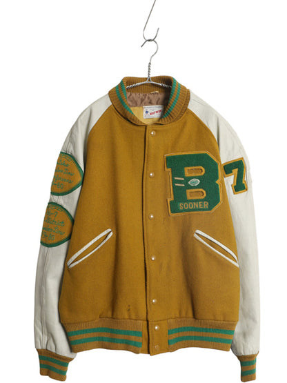 70s ★ バトウィン 袖 本革 レザー ウール スタジャン メンズ XL 古着 ヴィンテージ サガラ ワッペン アワード ジャケット 大きいサイズ 黄