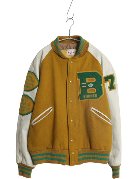 70s ★ バトウィン 袖 本革 レザー ウール スタジャン メンズ XL 古着 ヴィンテージ サガラ ワッペン アワード ジャケット 大きいサイズ 黄