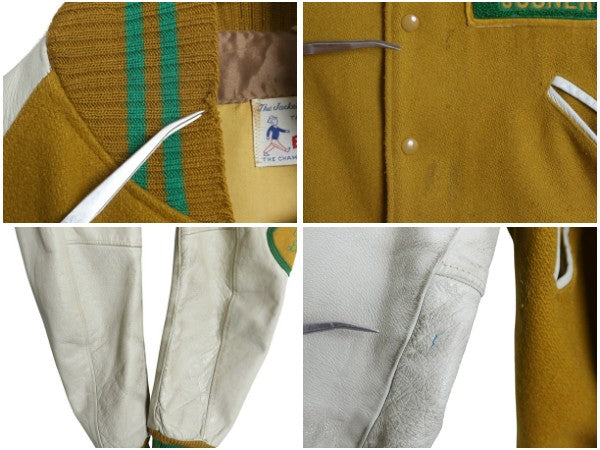 70s ★ バトウィン 袖 本革 レザー ウール スタジャン メンズ XL 古着 ヴィンテージ サガラ ワッペン アワード ジャケット 大きいサイズ 黄