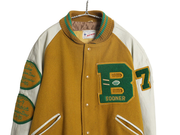 70s ★ バトウィン 袖 本革 レザー ウール スタジャン メンズ XL 古着 ヴィンテージ サガラ ワッペン アワード ジャケット 大きいサイズ 黄