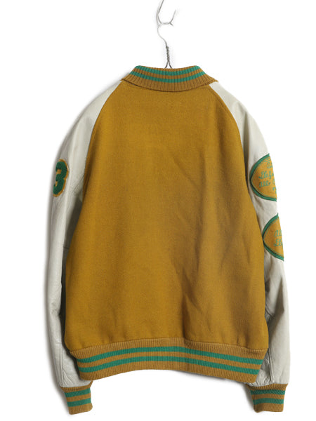 70s ★ バトウィン 袖 本革 レザー ウール スタジャン メンズ XL 古着 ヴィンテージ サガラ ワッペン アワード ジャケット 大きいサイズ 黄