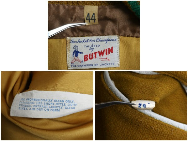 70s ★ バトウィン 袖 本革 レザー ウール スタジャン メンズ XL 古着 ヴィンテージ サガラ ワッペン アワード ジャケット 大きいサイズ 黄