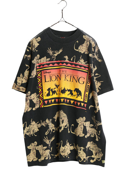 90s ★ ライオンキング オールオーバー プリント Tシャツ メンズ XL 程 オールド 当時物 ディズニー オフィシャル アニメ ムービー 総柄 黒