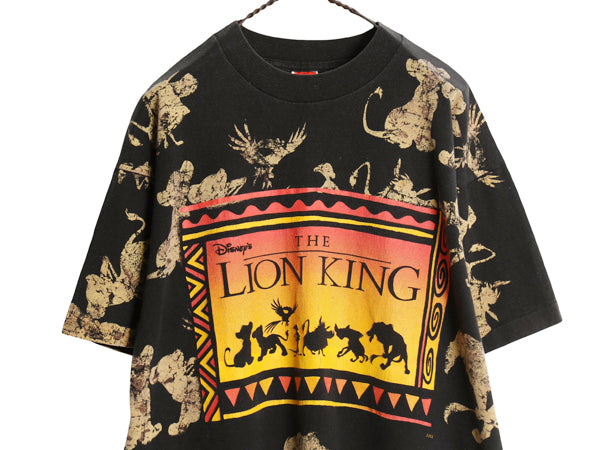 90s ★ ライオンキング オールオーバー プリント Tシャツ メンズ XL 程 オールド 当時物 ディズニー オフィシャル アニメ ムービー 総柄 黒