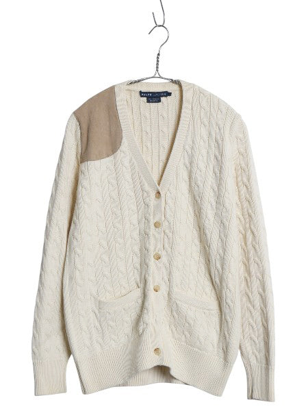ラルフローレン コットン ケーブル ニット カーディガン レディース L / ポロ セーター 前開き 重ね着 本革 スウェード 無地 ハンティング