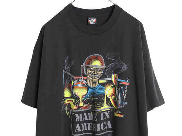 90s USA製 アート イラスト プリント 半袖 Tシャツ メンズ XXL 古着 オールド グラフィック シングルステッチ カットソー 大きいサイズ 黒