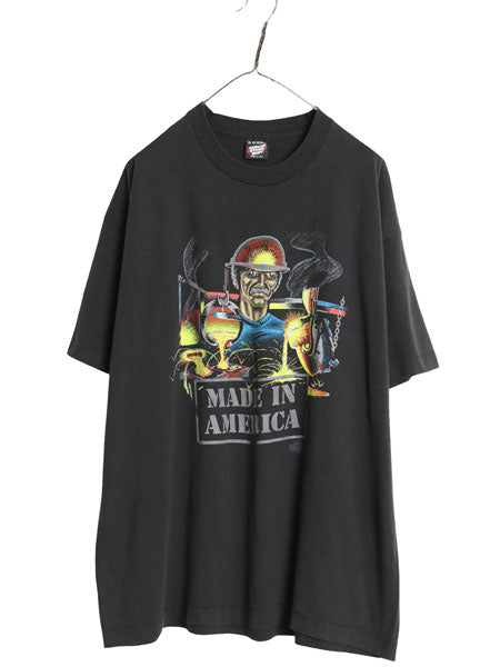 90s USA製 アート イラスト プリント 半袖 Tシャツ メンズ XXL 古着 オールド グラフィック シングルステッチ カットソー 大きいサイズ 黒