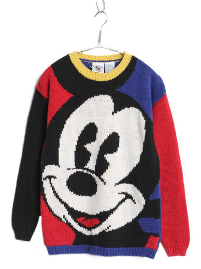 90s ミッキー イラスト デザイン ニット セーター レディース S 古着 ディズニー キャラクター 絵柄 コットン ラミー クレイジー パターン