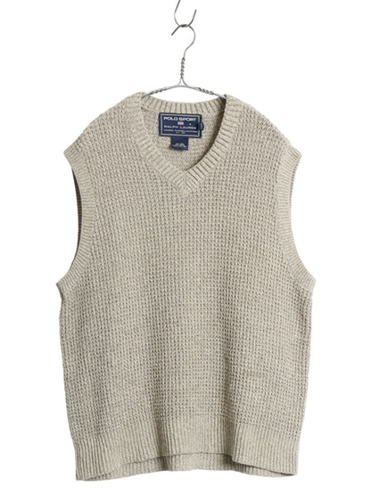 00s ポロスポーツ ラルフローレン Vネック ニット ベスト メンズ L オールド ポロ コットン リネン ワッフル セーター プルオーバー 重ね着