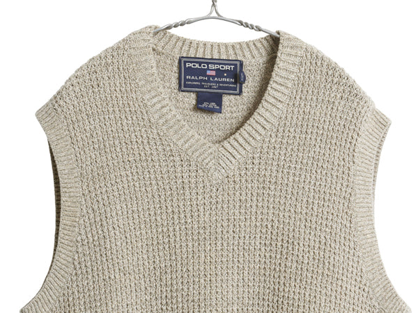 00s ポロスポーツ ラルフローレン Vネック ニット ベスト メンズ L オールド ポロ コットン リネン ワッフル セーター プルオーバー 重ね着