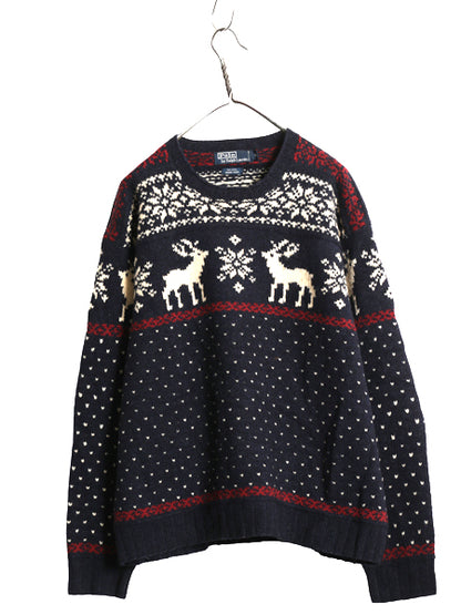 90s ポロ ラルフローレン ノルディック ニット セーター メンズ XL / オールド 総柄 絵柄 トナカイ ハンドメイド バーズアイ 大きいサイズ