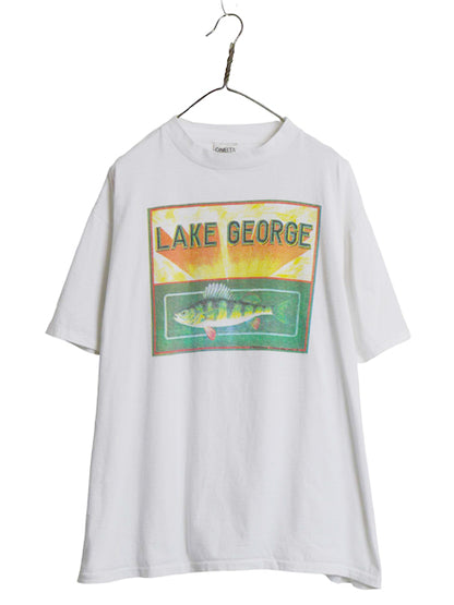 デッドストック 90s USA製 フィッシュ イラスト プリント Tシャツ メンズ XL / オールド アウトドア アート 両面 白 大きいサイズ アニマル