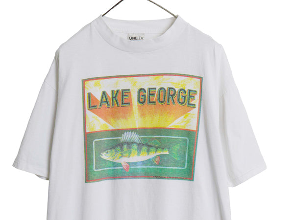 デッドストック 90s USA製 フィッシュ イラスト プリント Tシャツ メンズ XL / オールド アウトドア アート 両面 白 大きいサイズ アニマル