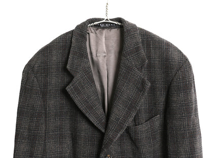 90s USA製 ヒューゴボス ツイード テーラード ジャケット メンズ L 程/ 古着 オールド ウール ブレザー チェック トラッド シンプル グレー