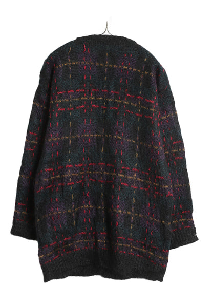 90s モヘア ニット カーディガン レディース M 古着 オールド チェック セーター アクリル 毛足 シャギー 羽織り 前開き マルチカラー 黒