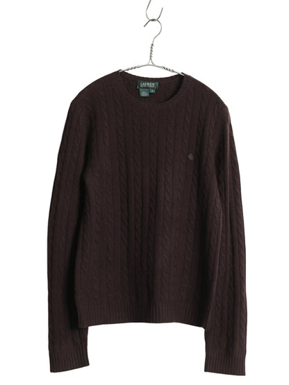 90s ローレン ラルフローレン ケーブル ニット セーター レディース M オールド ポロ 100% カシミヤ 長袖ニット ワンポイント シンプル 茶
